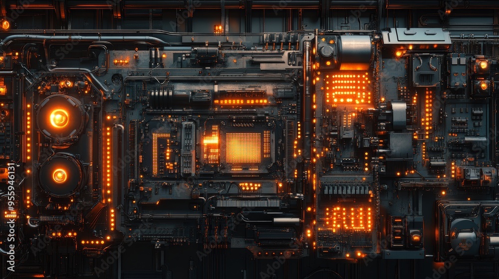 Automated assembly line in a copper board factory, glowing copper surfaces, robotic arms precisely placing components, cyberpunk style, dark tones with orange highlights, 3D render Automated assembly line in a copper board factory, glowing copper surfaces, robotic arms precisely placing components, cyberpunk style, dark tones with orange highlights, 3D render