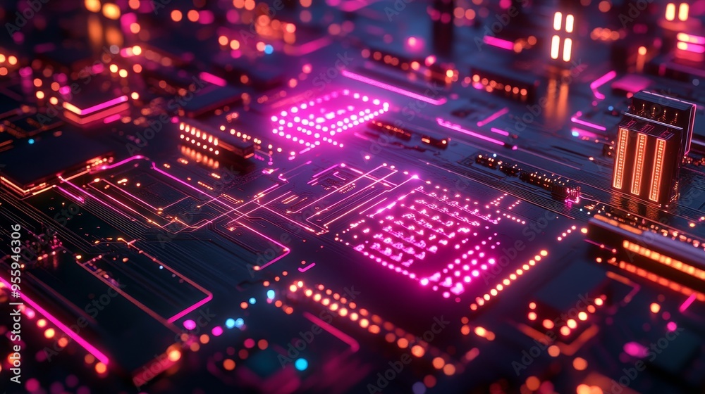 Close-up of a copper circuit board with a neon-lit holographic interface, showcasing sleek digital icons and grids, glowing in vivid colors Close-up of a copper circuit board with a neon-lit holographic interface, showcasing sleek digital icons and grids, glowing in vivid colors