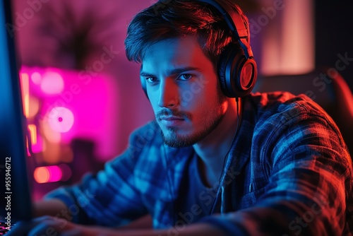 "Portrait of a Gamer Using Headphones and Playing an Online Game on a Personal Computer"