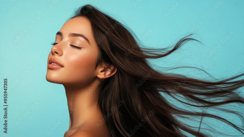 Elegant Woman with Flowing Hair, Glowing Skin, and Serene Expression Elegant Woman with Flowing Hair, Glowing Skin, and Serene Expression