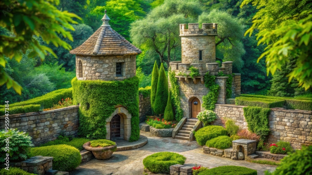 Mini castle environment with lush greenery, stone walls, and a small tower, castle, miniature, fantasy, architecture Mini castle environment with lush greenery, stone walls, and a small tower, castle, miniature, fantasy, architecture