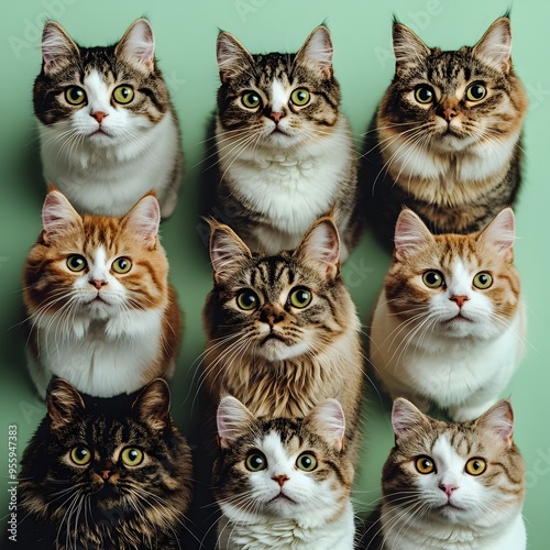 Collection of Feline Portraits Against Seafoam Green Backdrop photo