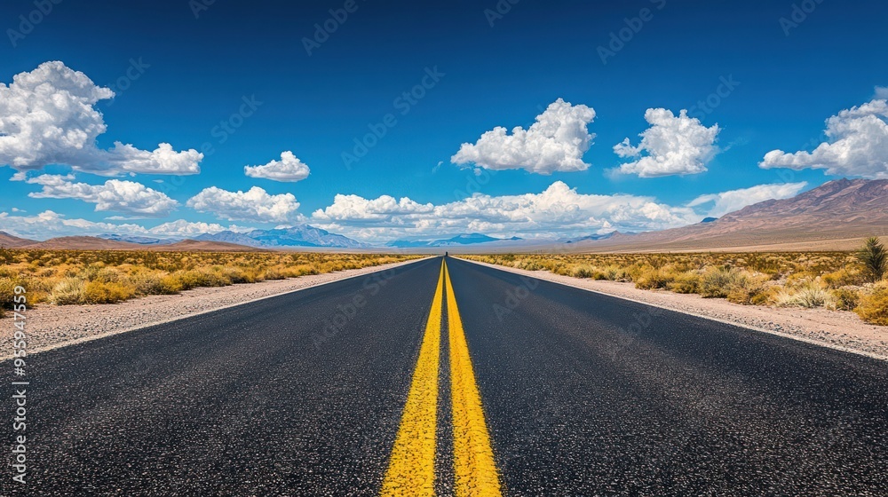 Naklejka premium American road trip , desert highway, sunny day, blue sky, clouds