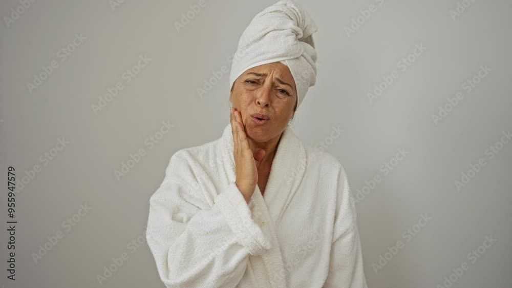 Toothache troubles, middle age woman wearing towel and bathrobe with painful dental ache expression, isolated white background Toothache troubles, middle age woman wearing towel and bathrobe with painful dental ache expression, isolated white background