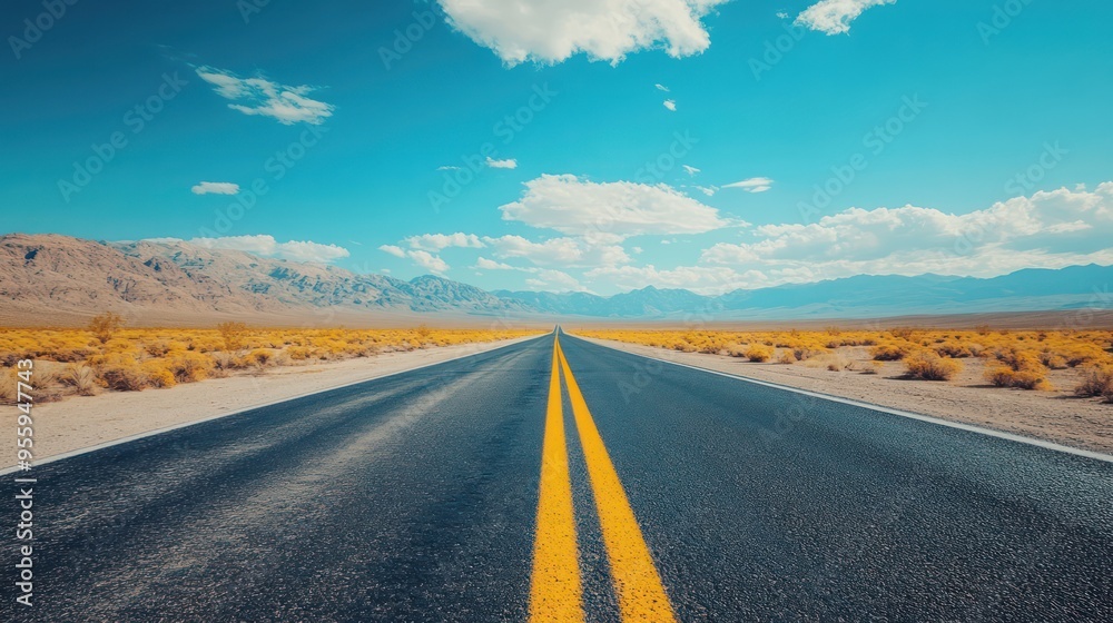 American road trip , desert highway, sunny day, blue sky, clouds