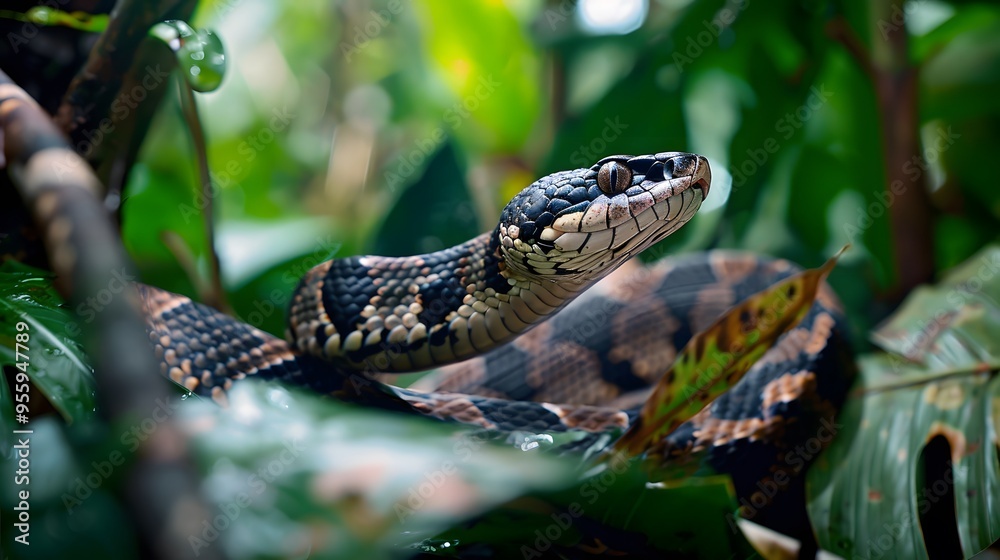 In the humid environment of the rainforest, the snake's scales glisten as it navigates through the lush undergrowth, searching for prey. In the humid environment of the rainforest, the snake's scales glisten as it navigates through the lush undergrowth, searching for prey.