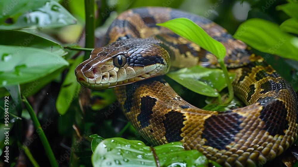 In the humid environment of the rainforest, the snake's scales glisten as it navigates through the lush undergrowth, searching for prey. In the humid environment of the rainforest, the snake's scales glisten as it navigates through the lush undergrowth, searching for prey.
