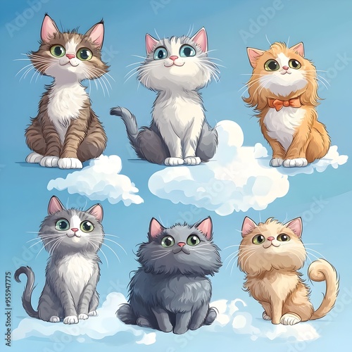 Charming Cartoon Cats of Various Breeds Sitting on Soft Cloudy Sky Blue Background photo