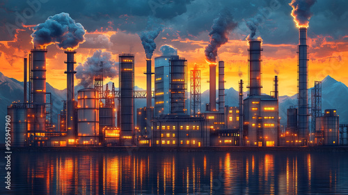 A dramatic industrial landscape at sunset, showcasing smokestacks and reflections in water, highlighting the power of manufacturing.