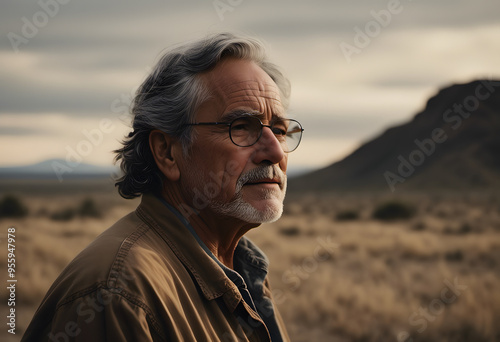 A portrait of an elderly man, with deep-set eyes and a thoughtful expression.