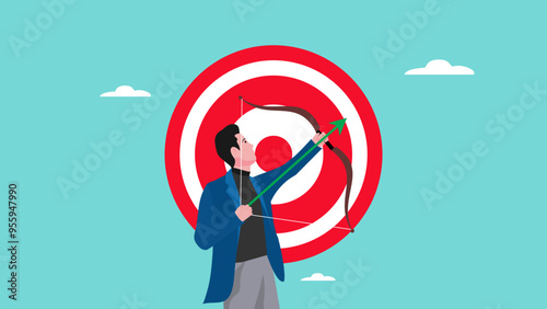 business target, aiming for purpose, ambition or aspiration to success, growth business objective or achievement, leadership or skill to achieve target concept, businessman archery aim to hit target