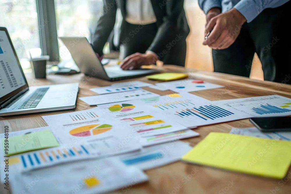 A coach helping an executive set strategic objectives. Meeting room with strategic planning charts and notes A coach helping an executive set strategic objectives. Meeting room with strategic planning charts and notes