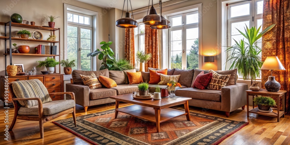 Fototapeta premium Cozy living space features brown furniture, accented with bold textiles and tasteful decorative pieces, for a snug and