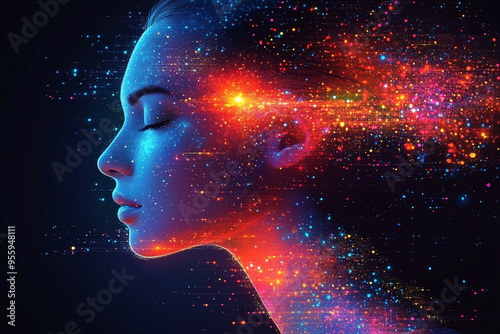 Wallpaper Mural A mesmerizing digital portrait featuring a woman's profile illuminated by vibrant cosmic colors and sparkling particles. Torontodigital.ca