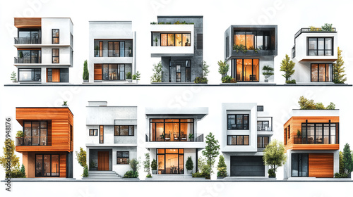 A modern architectural showcase featuring a variety of stylish homes with unique designs and vibrant exteriors.