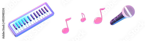 Holographic Keyboard, Ai. Based Music Notes, Futuristic Microphone, Top View On. Isolated on a Transparent Background. Cutout PNG. photo