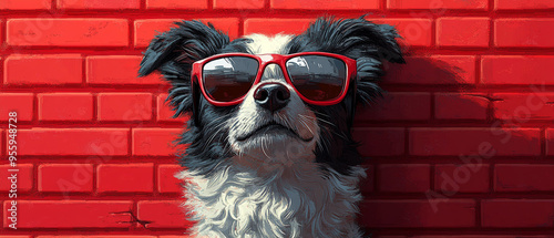 A stylish dog wearing red sunglasses poses confidently against a vibrant red wall, exuding charm and personality. photo