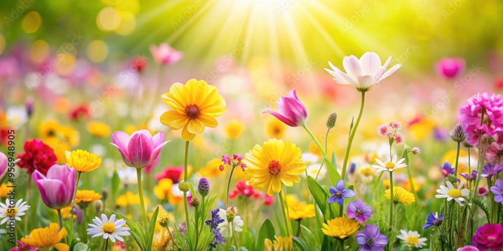 Fototapeta premium Vibrant spring meadow with colorful flowers in joyful yellows and pinks, joyful, yellows, pinks, lively, spring, meadow