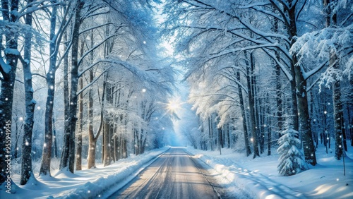 Snow-covered trees lining a peaceful forest road with snowflakes falling gently, winter, scenic, drive, exploration