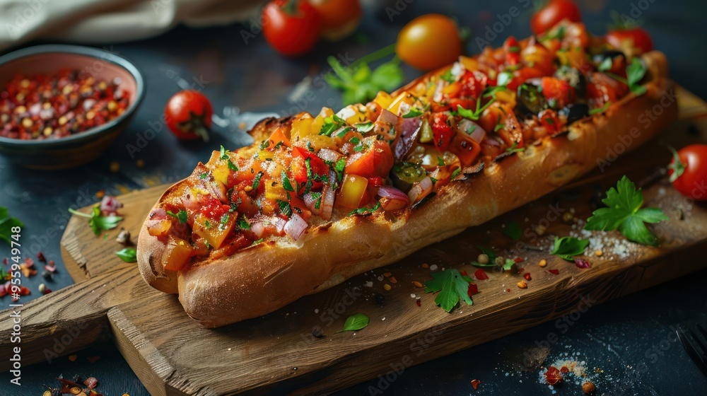 A tasty and healthy pita sandwich, filled with fresh vegetables, resting on a wooden cutting board. A tasty and healthy pita sandwich, filled with fresh vegetables, resting on a wooden cutting board.