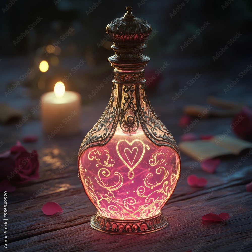 A glowing ornate witch spell potion bottle surrounded by candles and rose petals. A glowing ornate witch spell potion bottle surrounded by candles and rose petals.