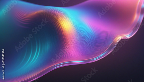 Abstract light emitter glass with iridescent holographic neon vibrant gradient wave texture 3d render. Design element for banner, background, wallpaper, header, poster or cover