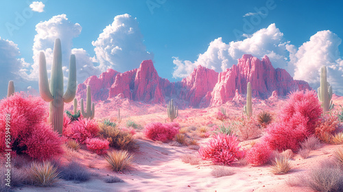A vibrant desert landscape featuring pink mountains and lush flora under a bright blue sky with fluffy clouds.