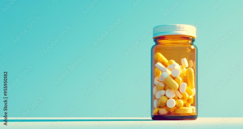 brown bottle with multicolored pills inside, against a light blue background brown bottle with multicolored pills inside, against a light blue background