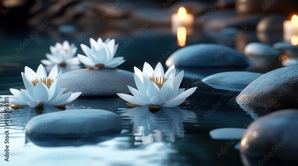 Serene Water Lilies: Tranquil scene of white water lilies floating on calm water, surrounded by smooth grey stones and soft candlelight. A picture of peace and serenity. Serene Water Lilies: Tranquil scene of white water lilies floating on calm water, surrounded by smooth grey stones and soft candlelight. A picture of peace and serenity.
