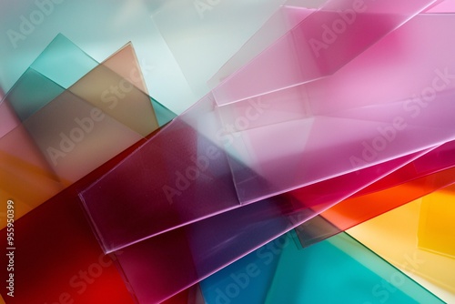 A detailed view of colorful, layered translucent sheets displaying complex patterns and captivating light reflections, ideal for artistic creations. photo