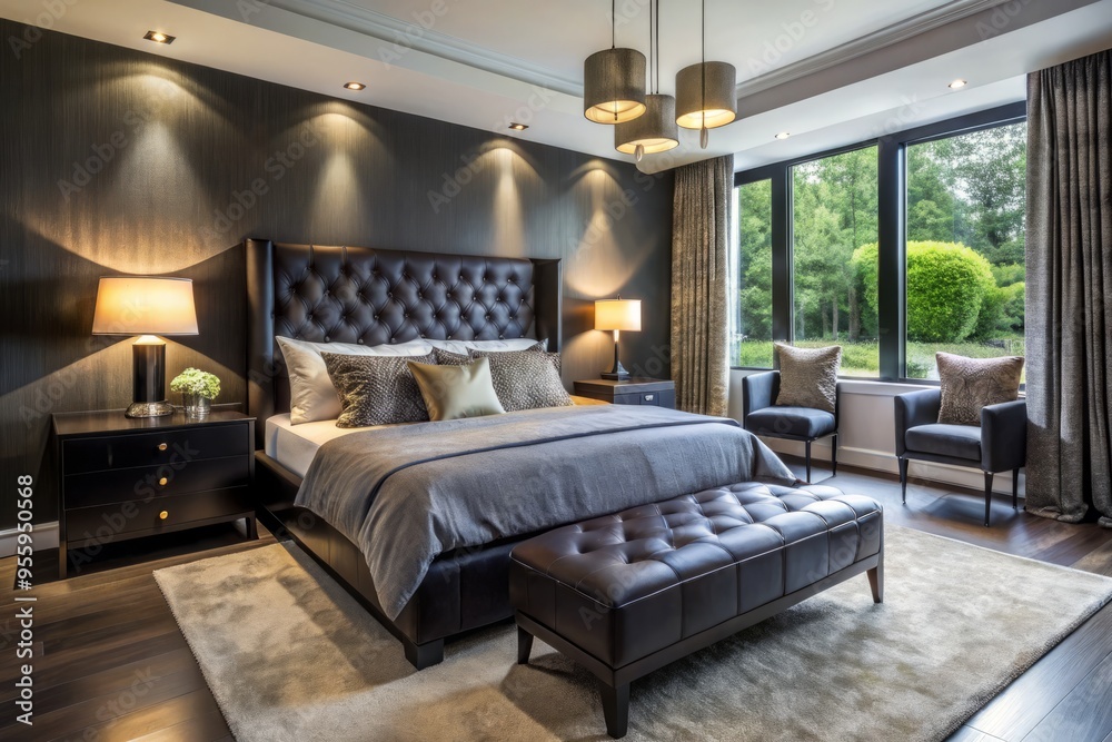 Elegant matte black furniture and plush textiles combine to create a sophisticated ambiance in this modern bedroom,