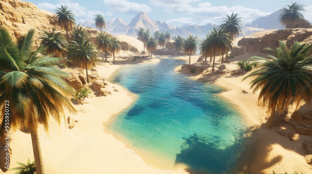 Fototapeta premium This serene desert oasis showcases lush palm trees surrounding a stunning turquoise water body under bright sunlight