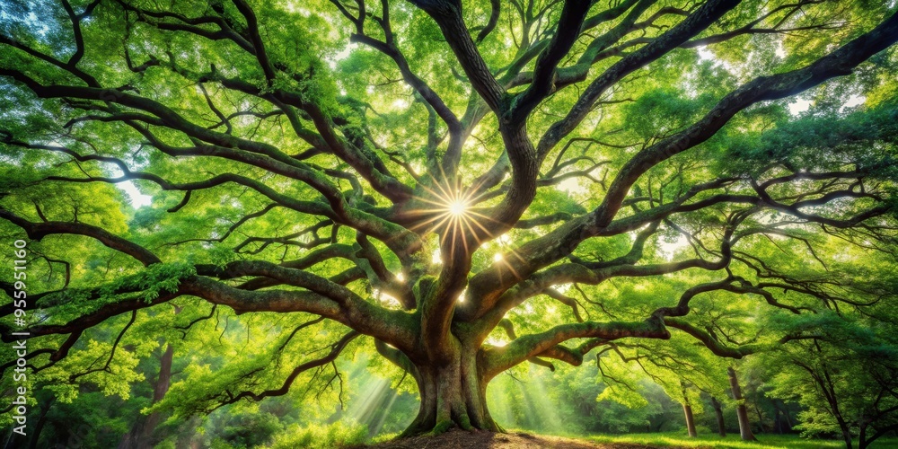 Fototapeta premium Sunlight filters through dense forest canopy onto a magnificent oak tree with twisting branches and lush green leaves, forest, tree