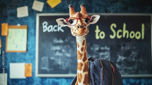 Unusual animal portrait of a goofy giraffe college graduate student. High quality photo
