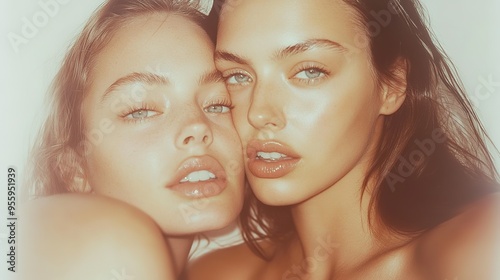 Twin Women in Close-Up: Irina Shayk Look-Alikes with Fair Skin, No Makeup, and a Polaroid Filter Effect. The Intimate Image Showcases Their Loving and Sensual Interaction with Subdued Hues. photo