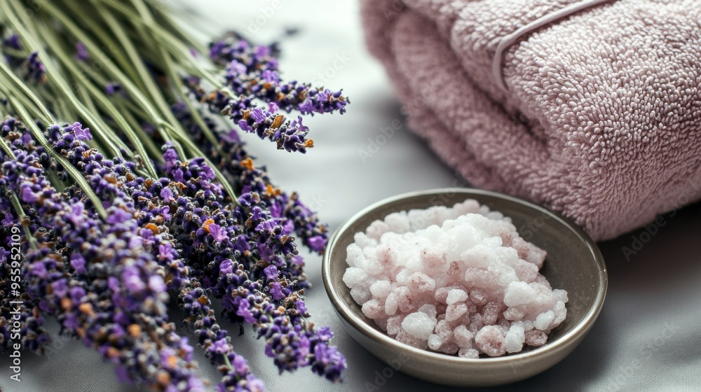 Lavender Spa Retreat: A serene image capturing the essence of relaxation and rejuvenation, featuring a bundle of lavender, pink bath salts, and a soft towel. Perfect for spa, wellness Lavender Spa Retreat: A serene image capturing the essence of relaxation and rejuvenation, featuring a bundle of lavender, pink bath salts, and a soft towel. Perfect for spa, wellness