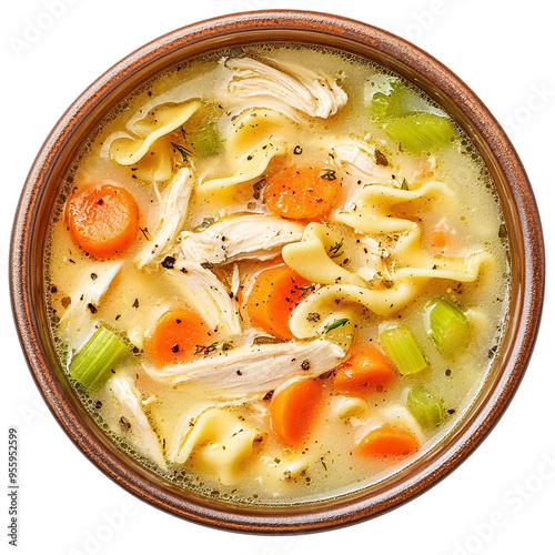 A bowl of chicken noodle soup with carrots and celery