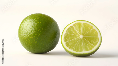 single lime with a slice cut out, revealing the juicy flesh photo