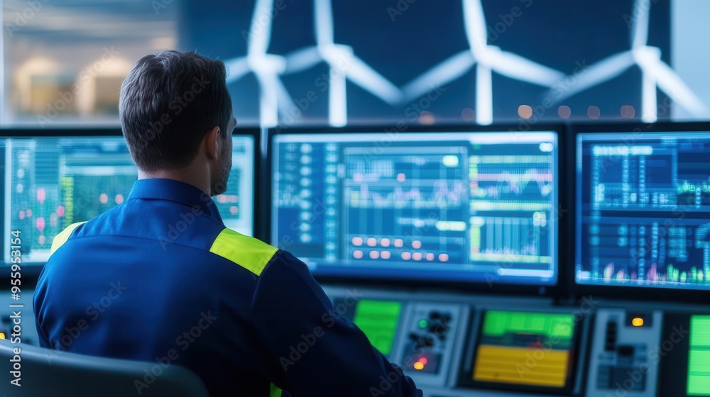 A wind turbine engineer in a control room analyzing data from multiple turbines, wind turbine, engineer, control room A wind turbine engineer in a control room analyzing data from multiple turbines, wind turbine, engineer, control room