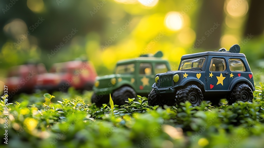 A charming scene of colorful toy cars on lush green grass, perfect for children's themes and playful concepts. A charming scene of colorful toy cars on lush green grass, perfect for children's themes and playful concepts.