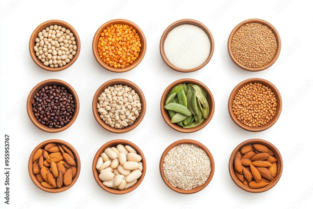 A vibrant collection of various legumes, seeds, and nuts in clay bowls, perfect for culinary inspiration and healthy eating. A vibrant collection of various legumes, seeds, and nuts in clay bowls, perfect for culinary inspiration and healthy eating.