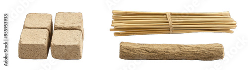 Wheat Straw Bricks, Bamboo Sticks, and Natural Building Plaster. Isolated on a Transparent Background. Cutout PNG.