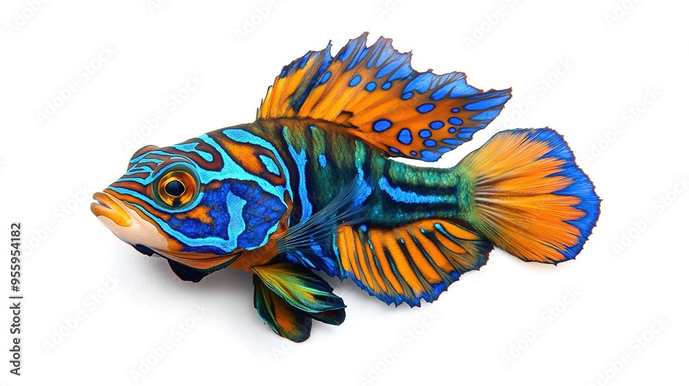 Vibrant Mandarin Fish: A Stunning Display of a Mandarin Fish's Vivid Blue and Orange Scales as It Glides Over a Sandy Ocean Floor, Showcasing Its Brilliant Colors and Graceful Movement. Vibrant Mandarin Fish: A Stunning Display of a Mandarin Fish's Vivid Blue and Orange Scales as It Glides Over a Sandy Ocean Floor, Showcasing Its Brilliant Colors and Graceful Movement.