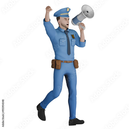 3D Law Enforcement Expert. A male policeman walks to the left with his left hand holding the loudspeaker while his right hand clenches upwards. Cartoon Male Police