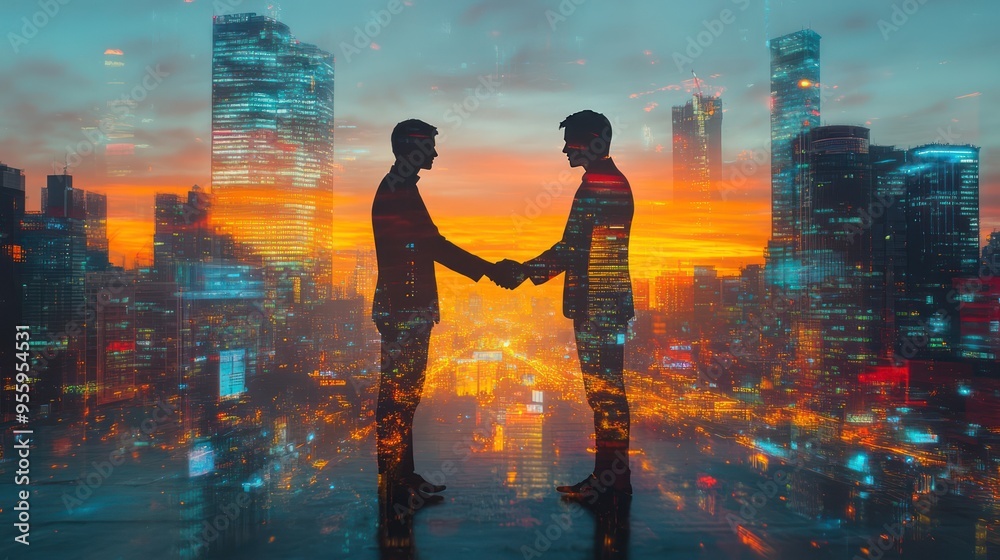 Fototapeta premium Cinematic double exposure of two silhouettes shaking hands set against a bustling city at sunset, with glowing skyscrapers and vibrant colors merging