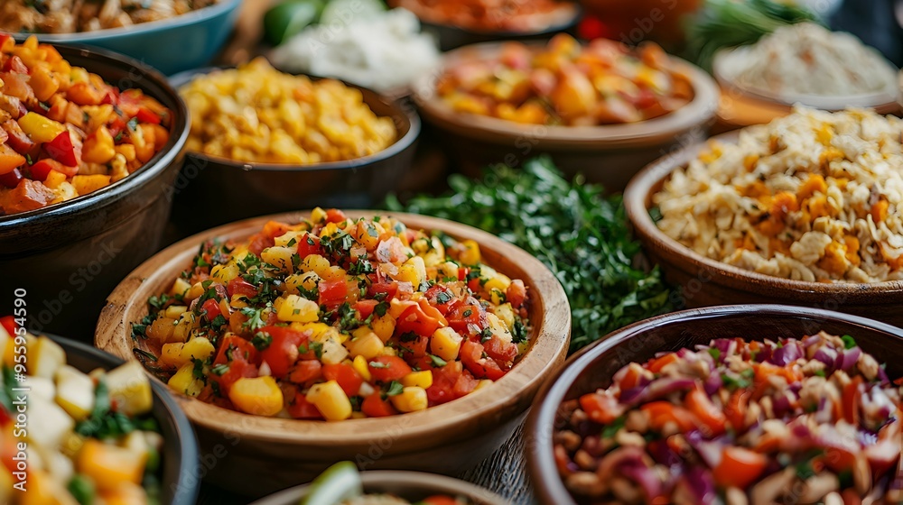 Delicious Vegetable Salad Bowls with Red Yellow and Green Ingredients Delicious Vegetable Salad Bowls with Red Yellow and Green Ingredients