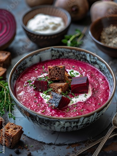 Nutritious winter vitamin meal: creamy beetroot soup topped with fresh parsley, yogurt, thyme, and crunchy dark bread croutons, with vibrant beets in the backdrop. photo