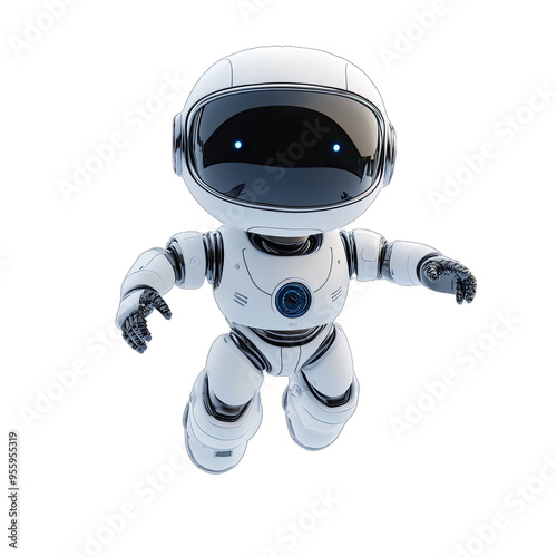 Brave Robot Flying in the Sky, 3d Illustration, Ai. Driven Creativity. Isolated on a Transparent Background. Cutout PNG. photo