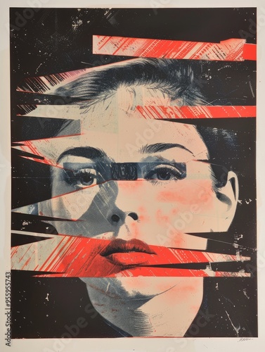 Artistic portrait featuring a woman's face with abstract red and black elements in a contemporary style
