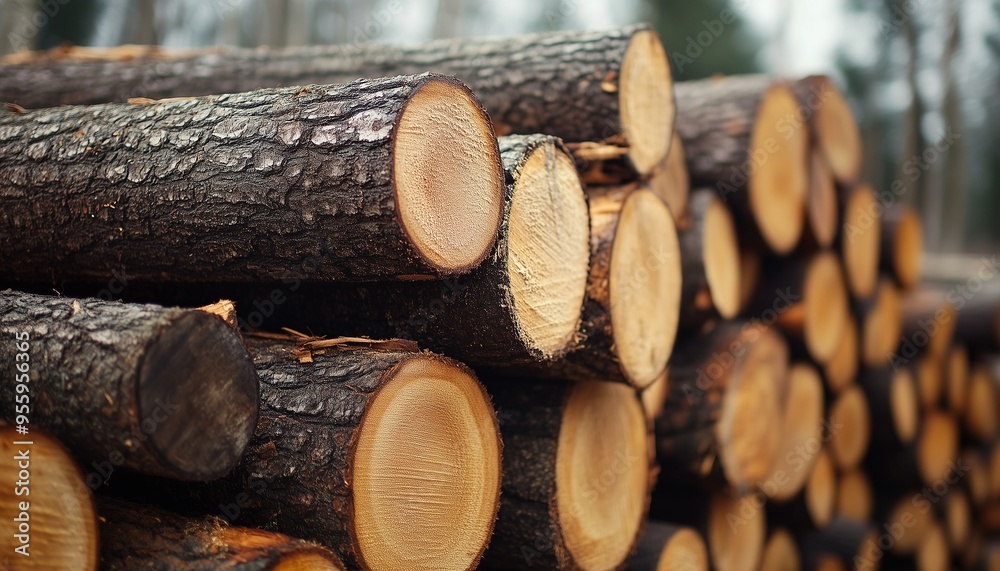 Pile cut log lumber sawn tree from replanted forests misty lust green environment Pile cut log lumber sawn tree from replanted forests misty lust green environment